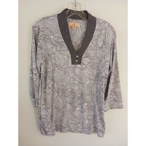 Sport Haley Top Womens Size Medium Black White Geometric Print V-Neck 3/4 Sleeve